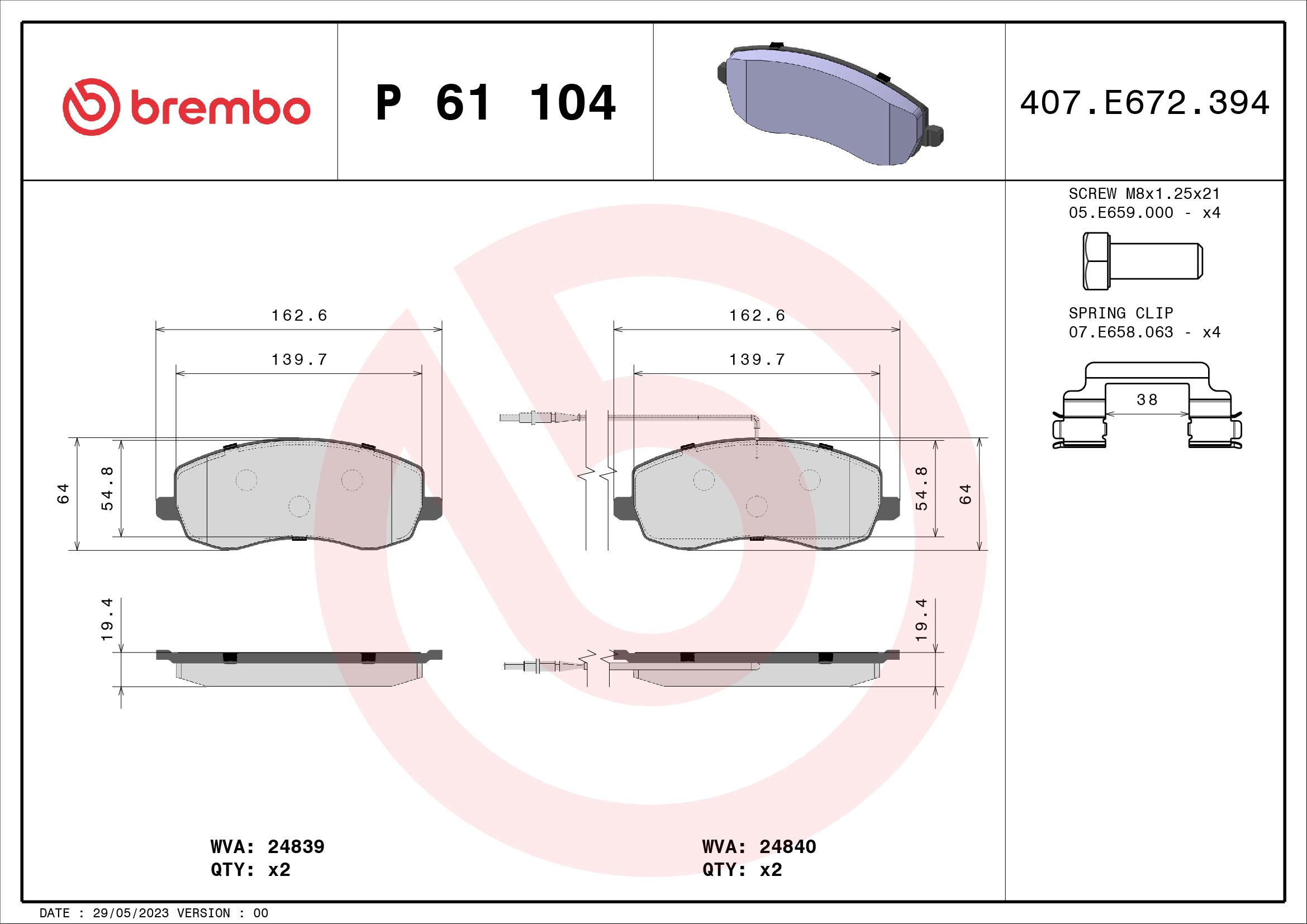 A.B.S. P 61 104 BREMBO Bremsbelagsatz, Scheibenbremse